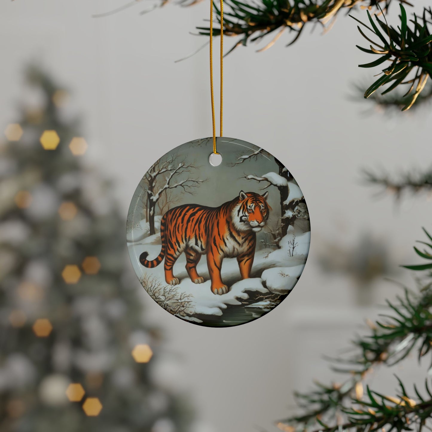 Snow Exotic Tiger Ceramic Ornaments, 2-Side Print, (1pc, 3pcs, 5pcs, 10pcs)