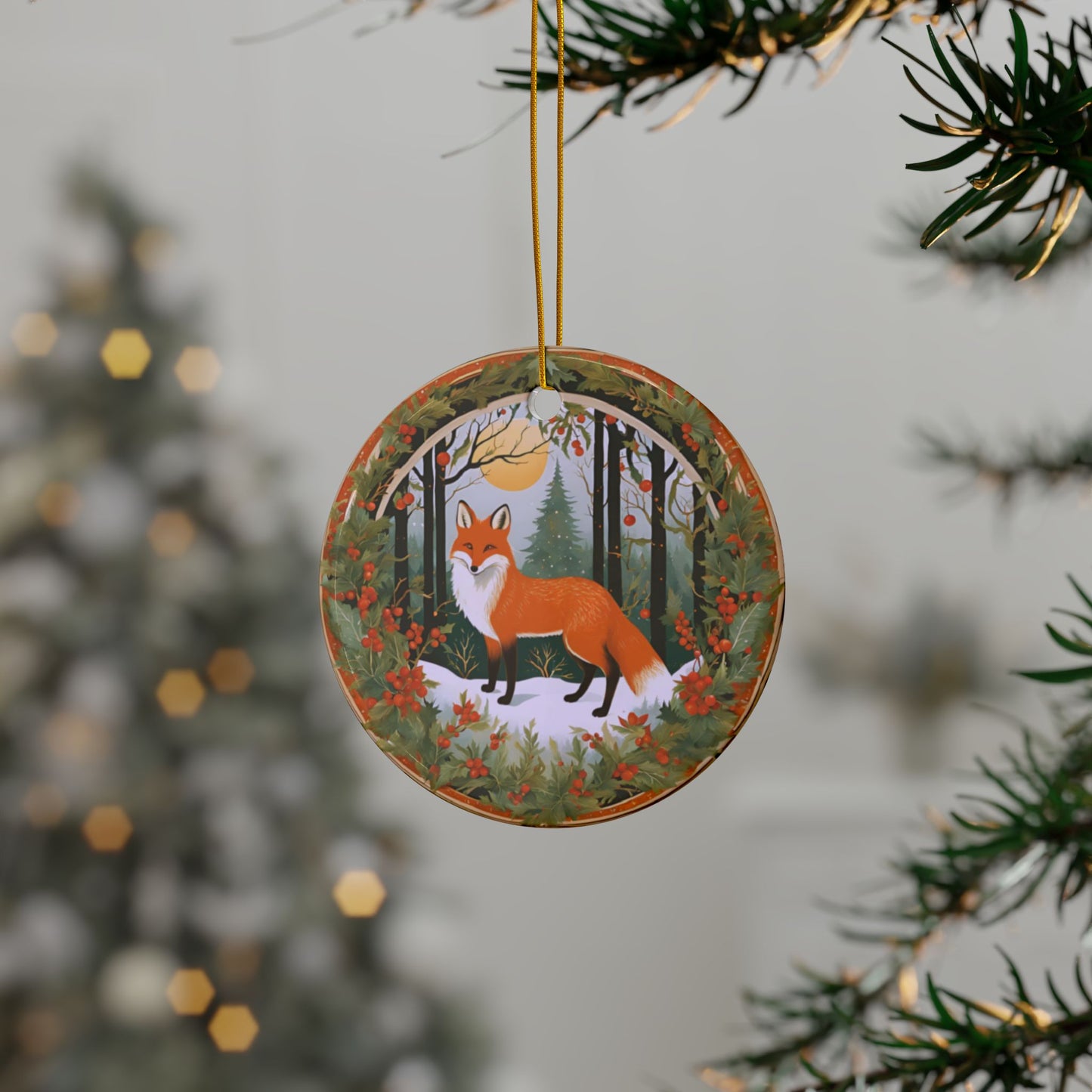 Cottage Fox and Moon Ceramic Ornaments, 2-Side Print, (1pc, 3pcs, 5pcs, 10pcs)