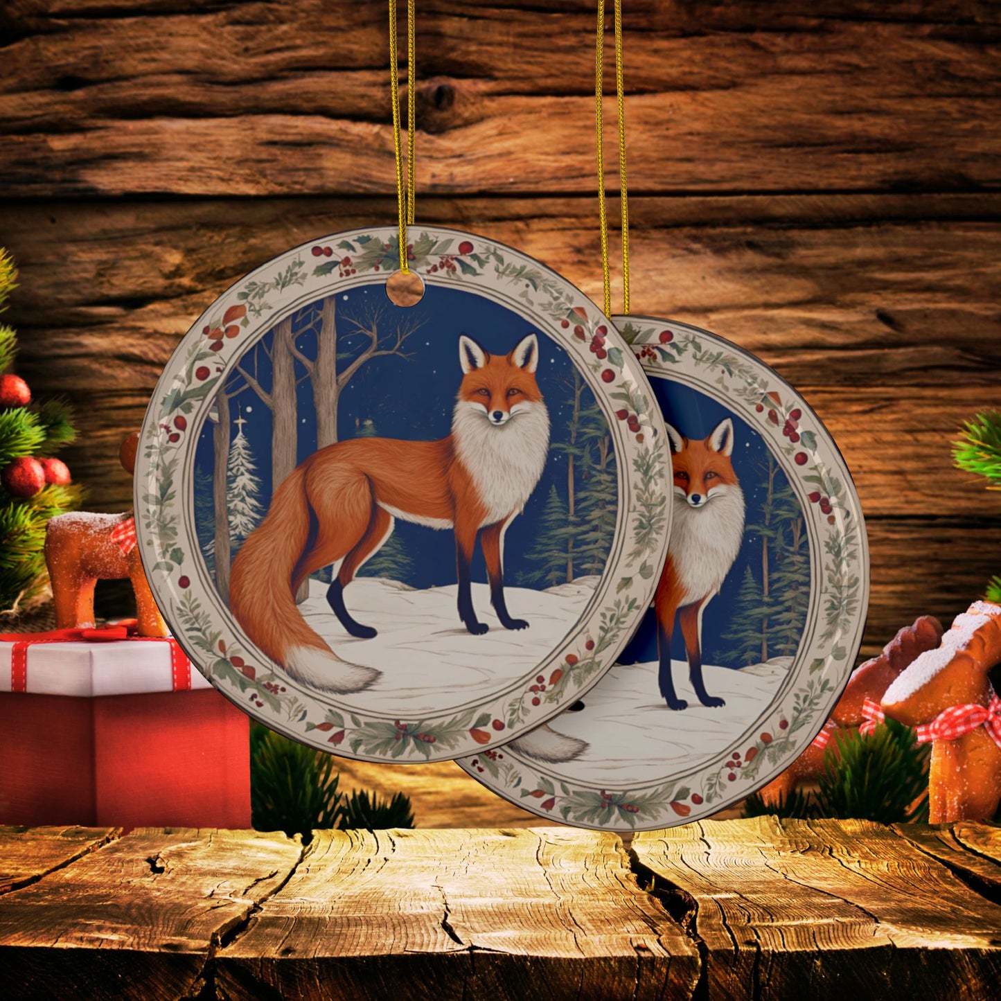 Snow Cottage Fox Ceramic Ornaments, 2-Side Print, (1pc, 3pcs, 5pcs, 10pcs)