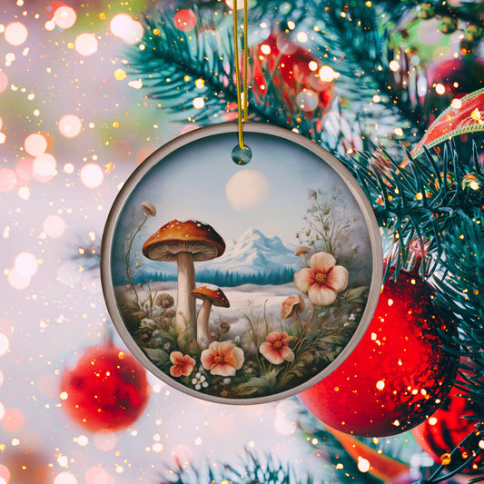 Vintage Mushroom and Snow Christmas Decor Ceramic Ornaments, 2-Side Print, (1pc, 3pcs, 5pcs, 10pcs)