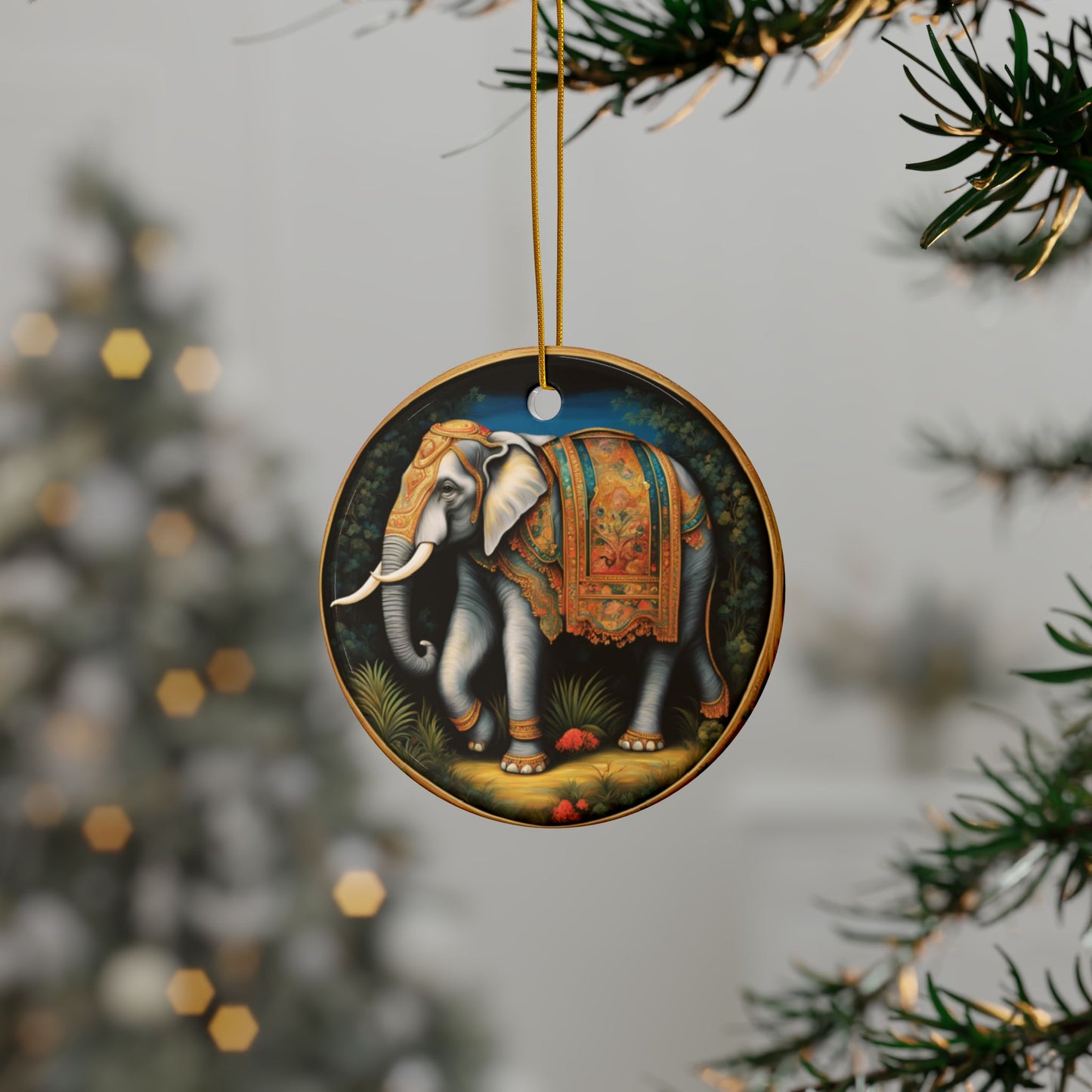 Holiday Christmas Vintage Elephant Ceramic Ornaments, Circus Elephant Bohemian Indian Elephant 2-Side Print, (1pc, 3pcs, 5pcs, 10pcs)