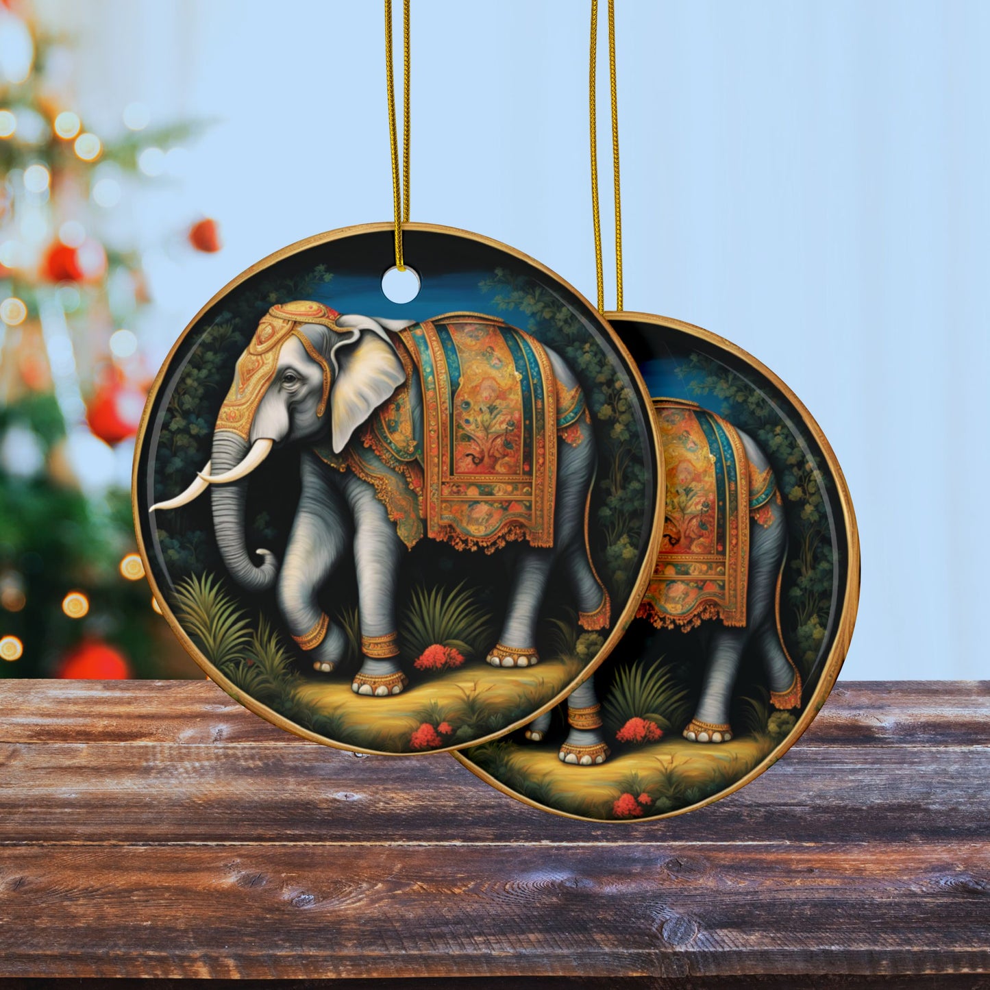 Holiday Christmas Vintage Elephant Ceramic Ornaments, Circus Elephant Bohemian Indian Elephant 2-Side Print, (1pc, 3pcs, 5pcs, 10pcs)