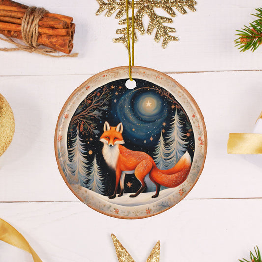 Holiday Christmas Fox in Winter Snow Starry Night Christmas Tree Decoration Ceramic Ornaments, 2-Side Print, (1pc, 3pcs, 5pcs, 10pcs)