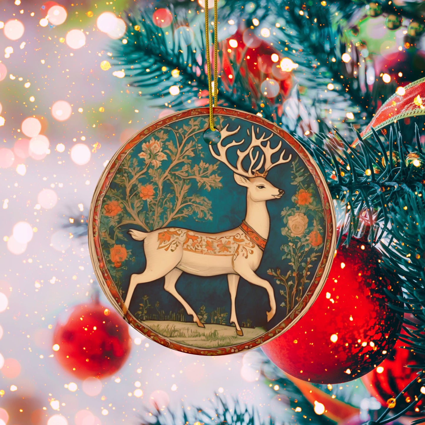 Vintage Reindeer Christmas Ceramic Ornaments, 2-Side Print, (1pc, 3pcs, 5pcs, 10pcs)