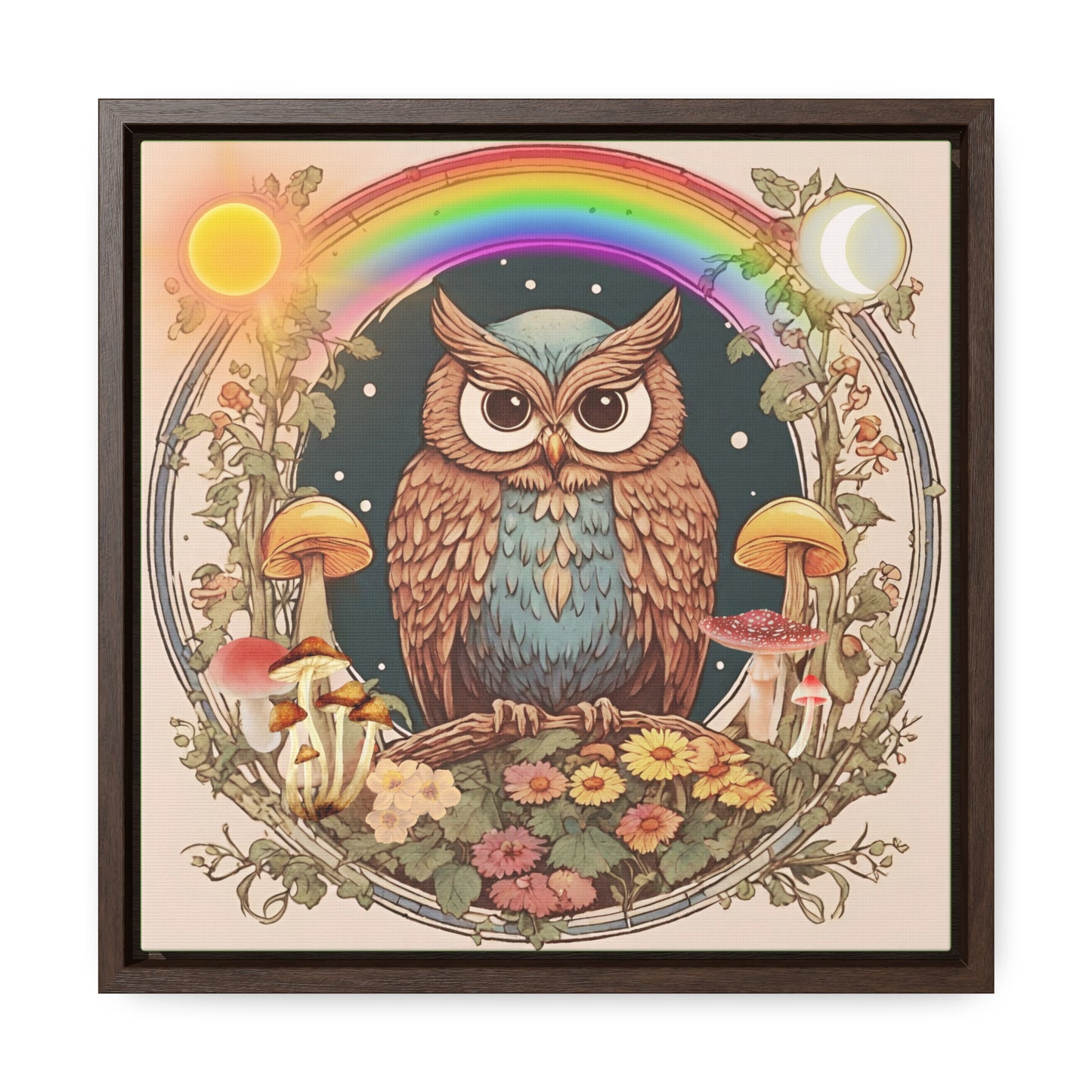 Vintage Blue Owl and Mushroom Gallery Canvas Wraps, Square Frame