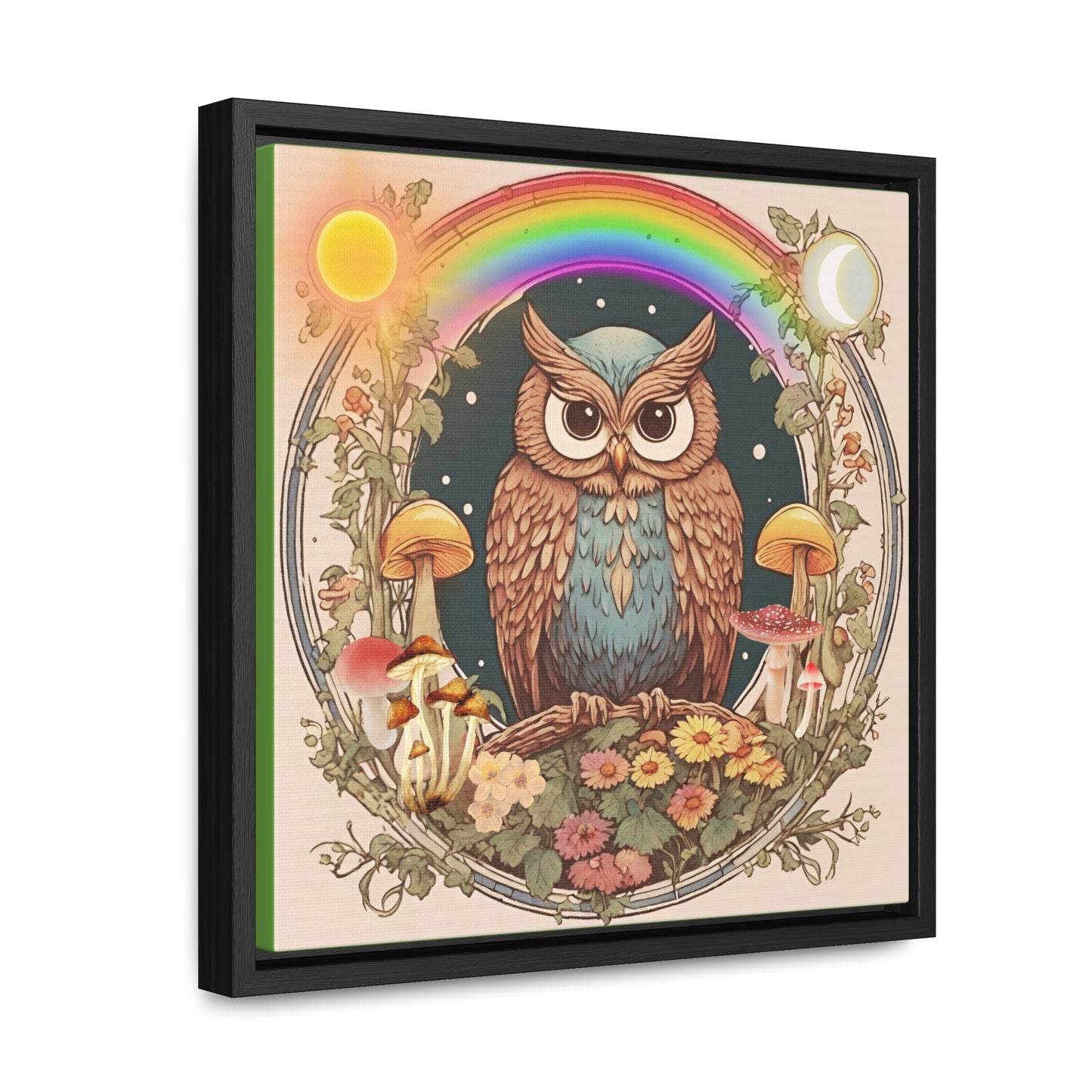 Vintage Blue Owl and Mushroom Gallery Canvas Wraps, Square Frame