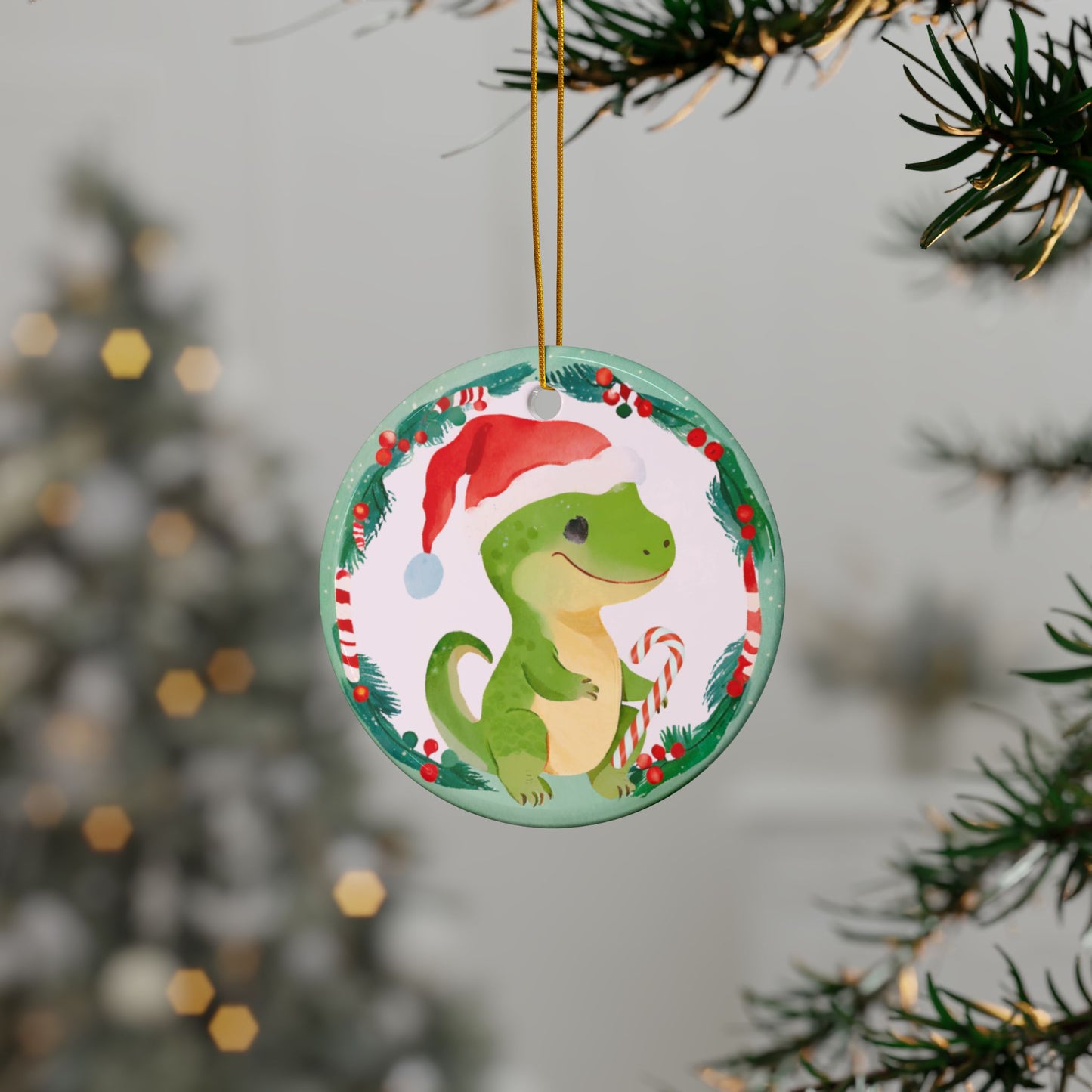 Holiday Baby T-Rex Ornaments Christmas Tree Decor Baby T-Rex Ceramic Ornaments, 2-Side Print, (1pc, 3pcs, 5pcs, 10pcs)