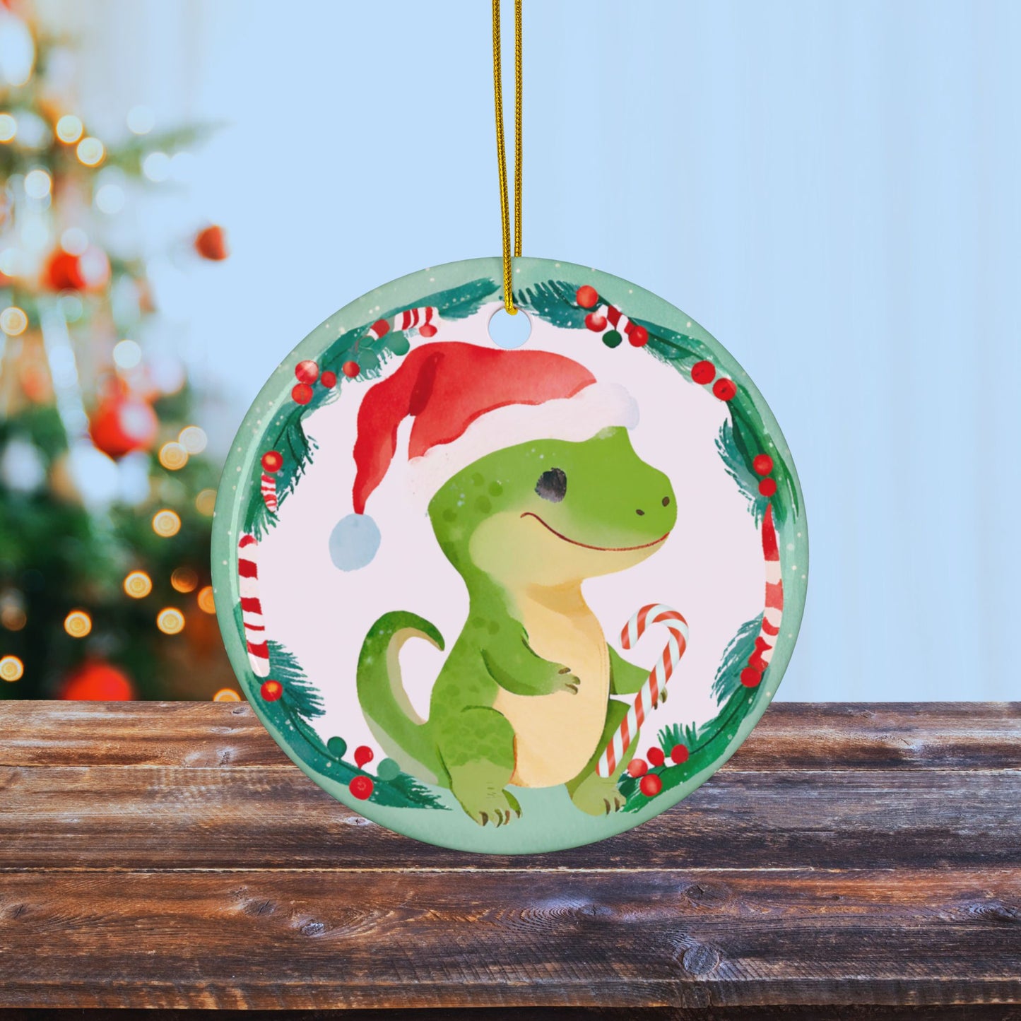 Holiday Baby T-Rex Ornaments Christmas Tree Decor Baby T-Rex Ceramic Ornaments, 2-Side Print, (1pc, 3pcs, 5pcs, 10pcs)