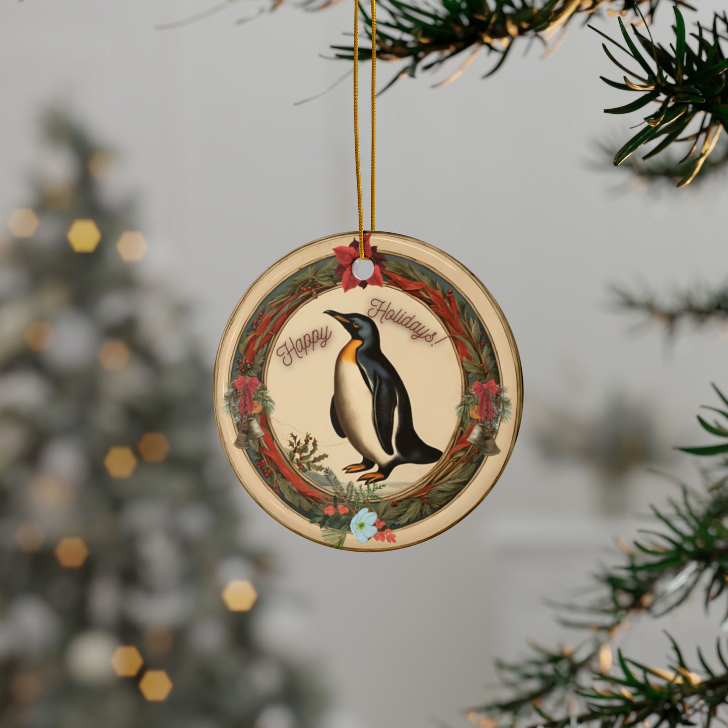 Holiday Classic Penguin Christmas Ceramic Ornaments, Holiday Tree Decoration 2-Side Print, (1pc, 3pcs, 5pcs, 10pcs)