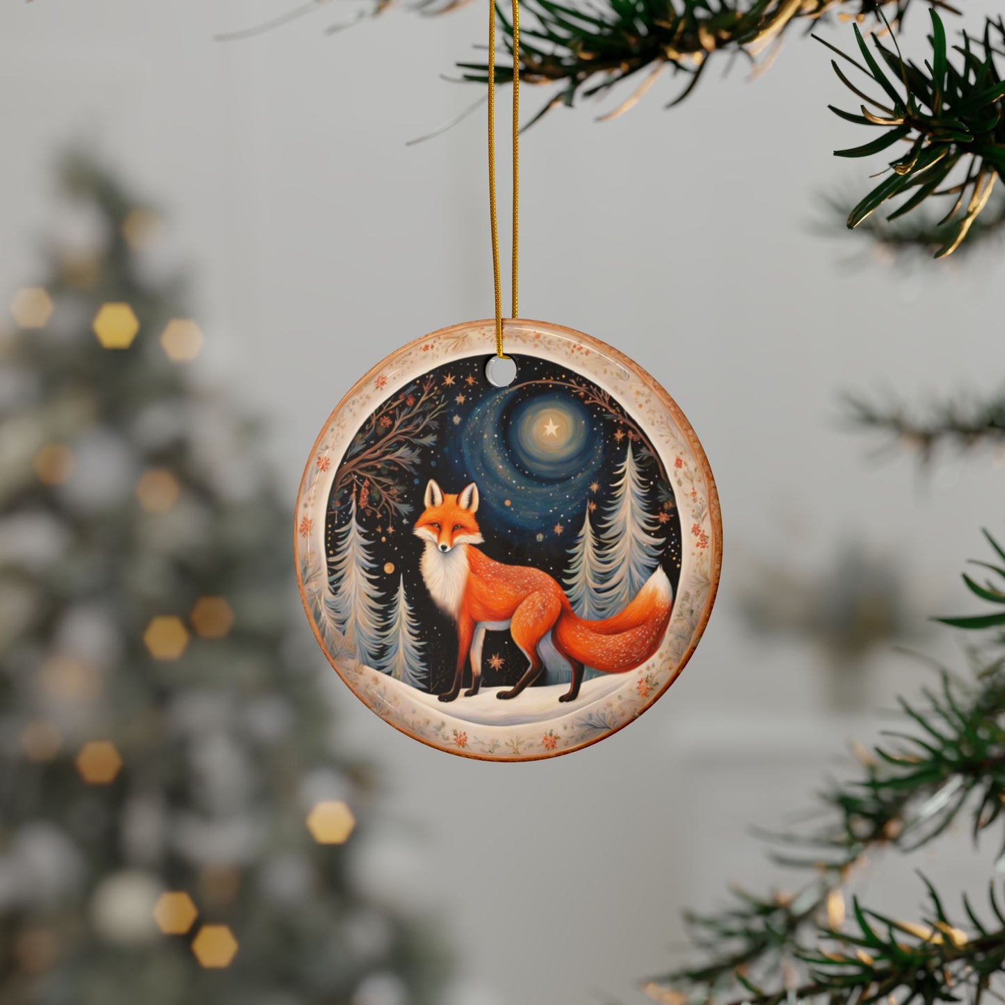 Holiday Christmas Fox in Winter Snow Starry Night Christmas Tree Decoration Ceramic Ornaments, 2-Side Print, (1pc, 3pcs, 5pcs, 10pcs)