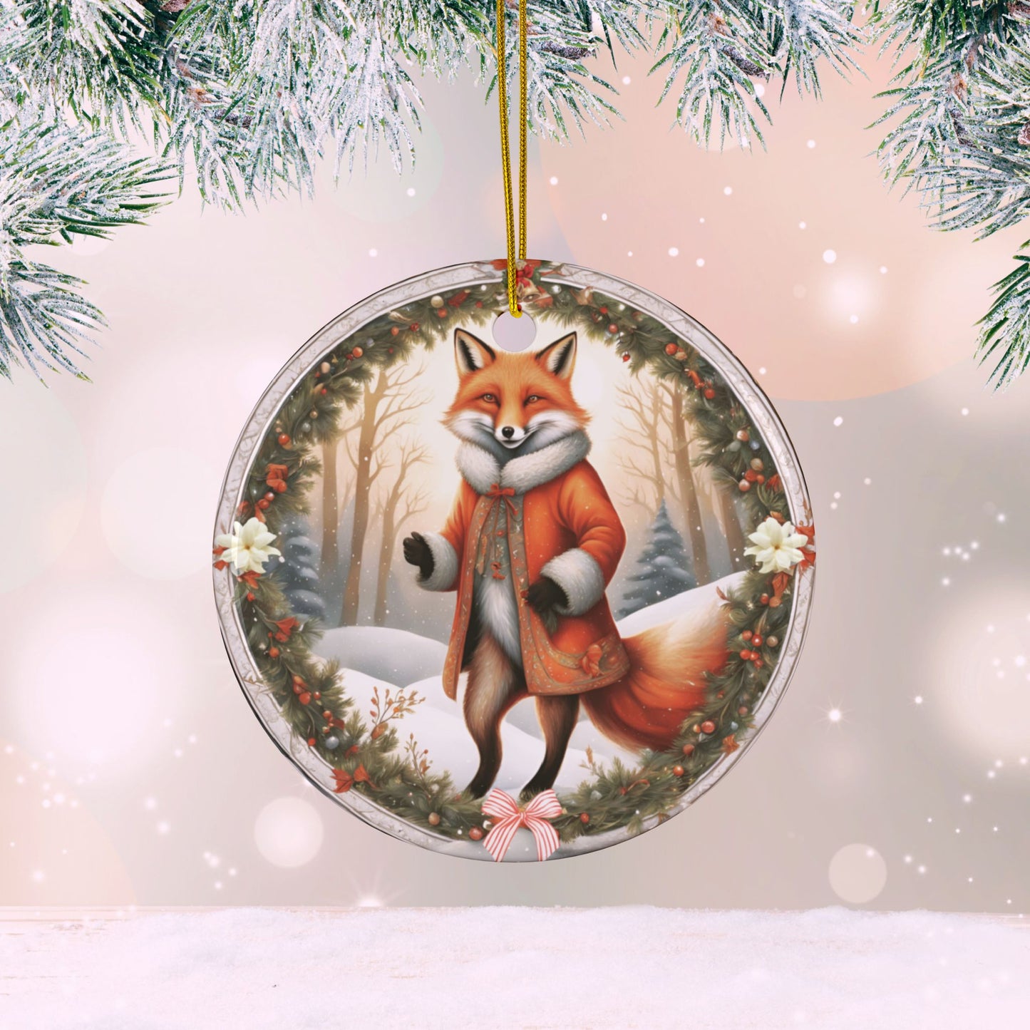 Holiday Whimsical Fox Ceramic Christmas Tree Ornaments, 2-Side Print, (1pc, 3pcs, 5pcs, 10pcs)