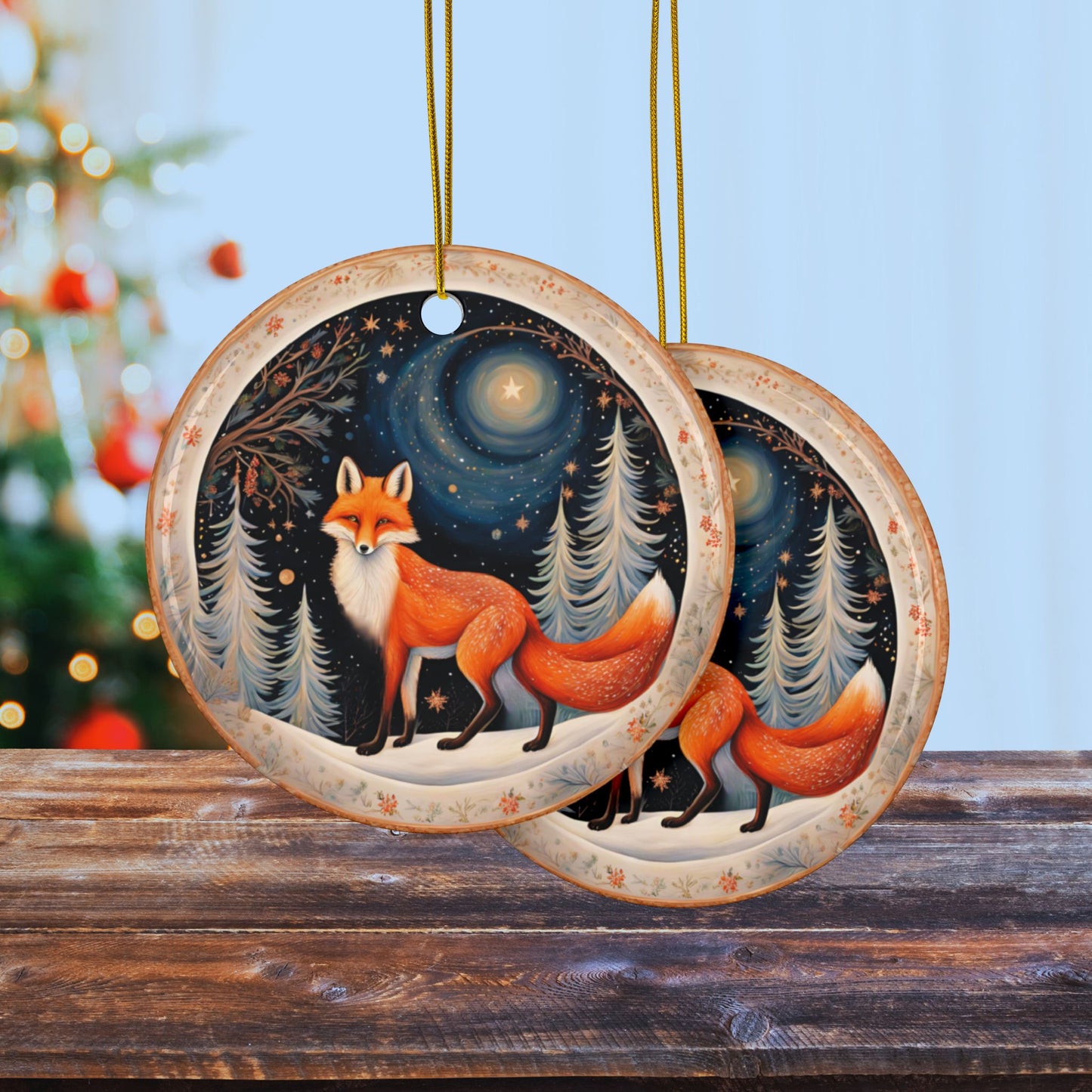 Holiday Christmas Fox in Winter Snow Starry Night Christmas Tree Decoration Ceramic Ornaments, 2-Side Print, (1pc, 3pcs, 5pcs, 10pcs)