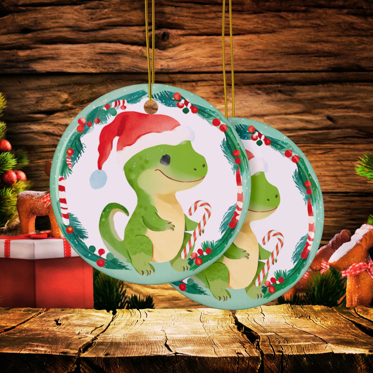 Holiday Baby T-Rex Ornaments Christmas Tree Decor Baby T-Rex Ceramic Ornaments, 2-Side Print, (1pc, 3pcs, 5pcs, 10pcs)