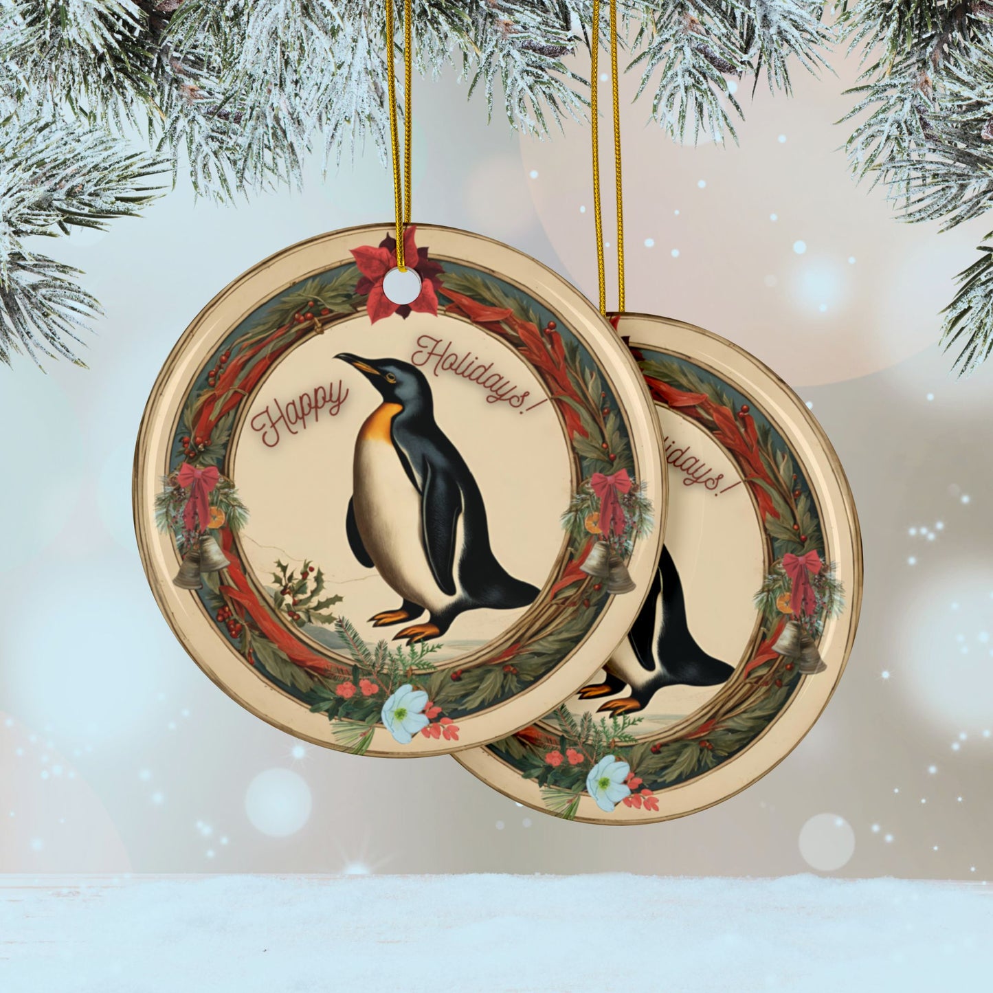 Holiday Classic Penguin Christmas Ceramic Ornaments, Holiday Tree Decoration 2-Side Print, (1pc, 3pcs, 5pcs, 10pcs)