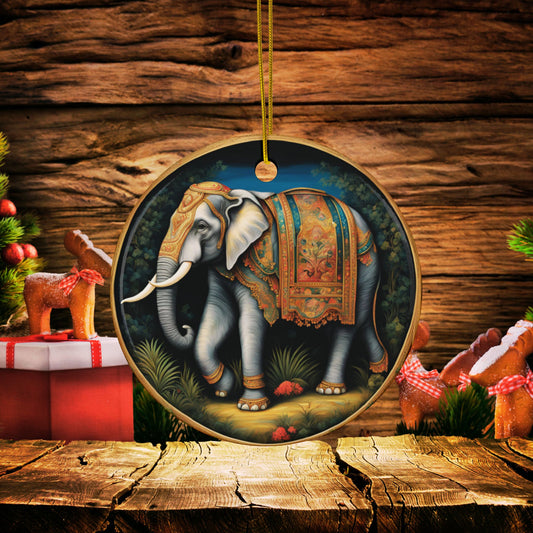 Holiday Christmas Vintage Elephant Ceramic Ornaments, Circus Elephant Bohemian Indian Elephant 2-Side Print, (1pc, 3pcs, 5pcs, 10pcs)