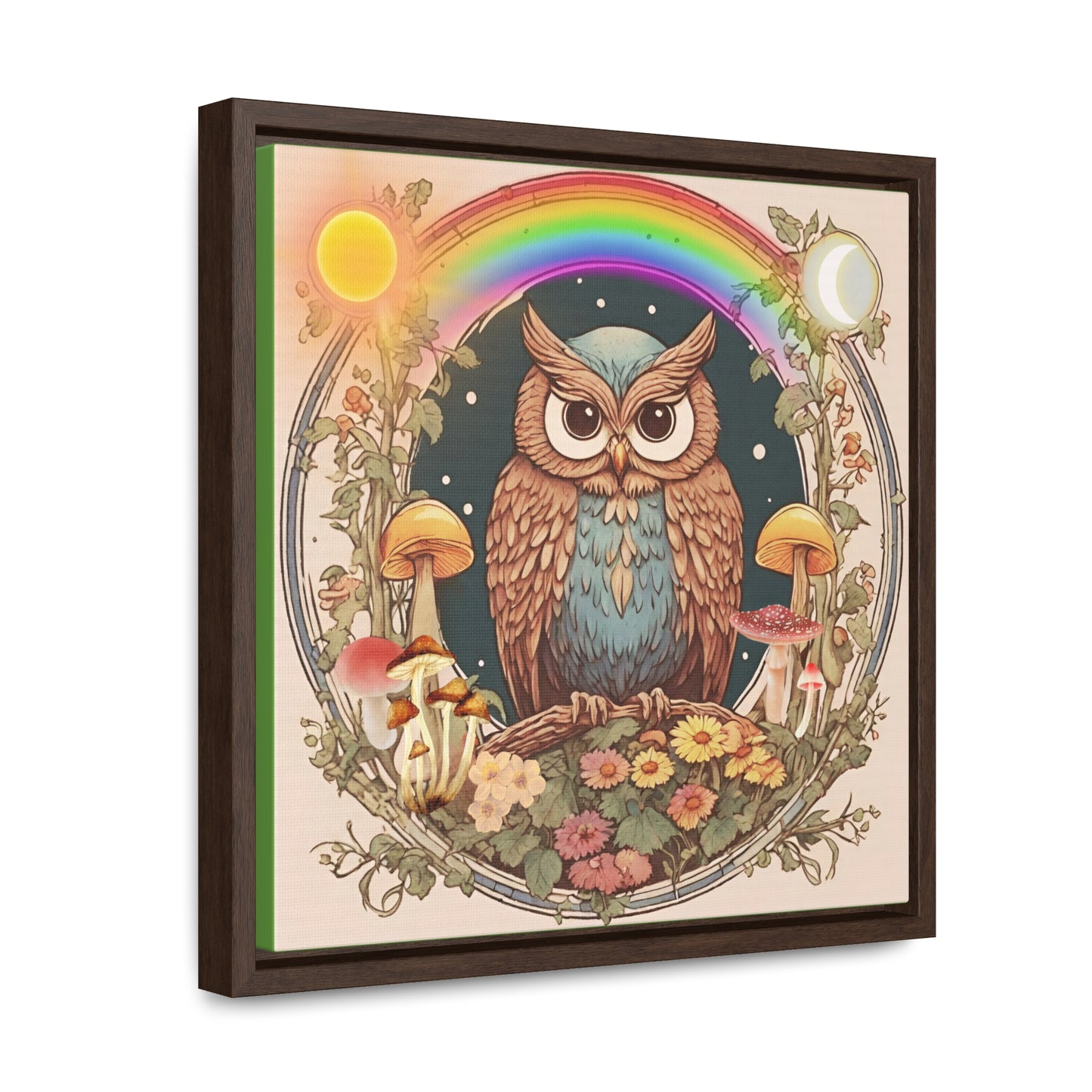 Vintage Blue Owl and Mushroom Gallery Canvas Wraps, Square Frame