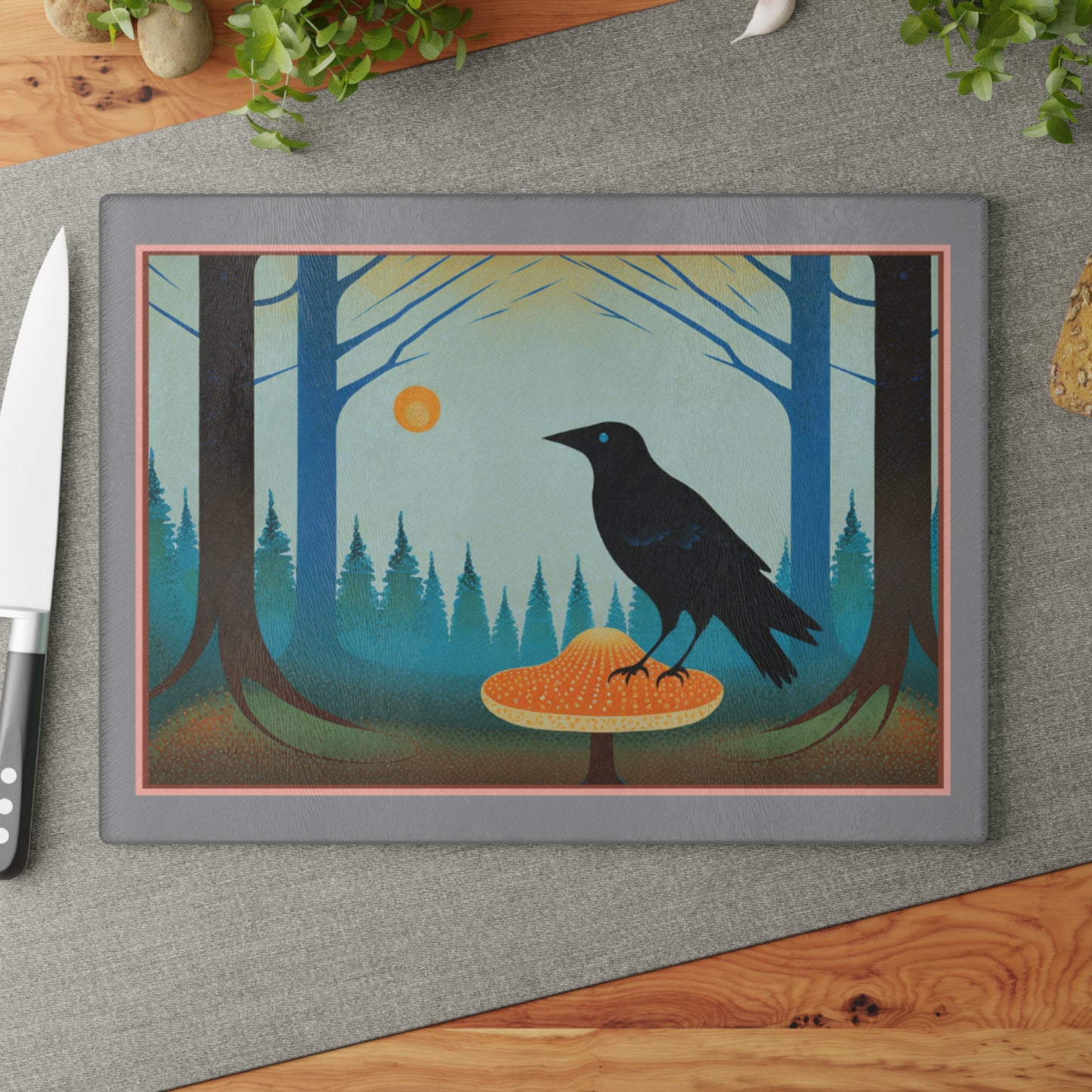 Vintage Crow and Mushroom Glass Cutting Board