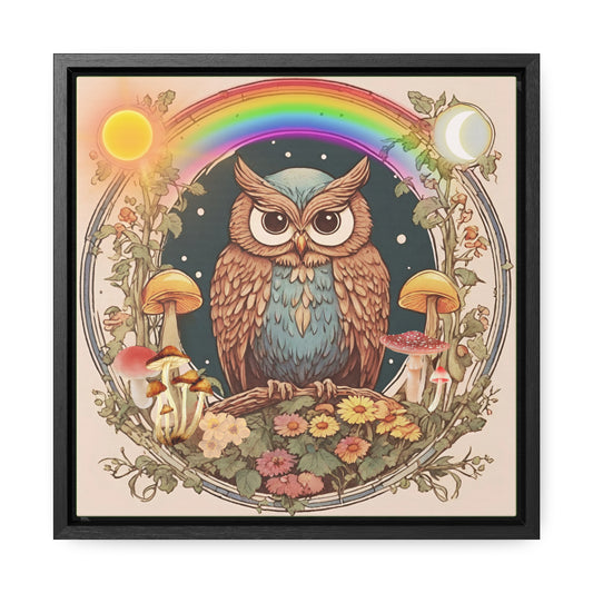 Vintage Blue Owl and Mushroom Gallery Canvas Wraps, Square Frame