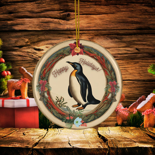 Holiday Classic Penguin Christmas Ceramic Ornaments, Holiday Tree Decoration 2-Side Print, (1pc, 3pcs, 5pcs, 10pcs)