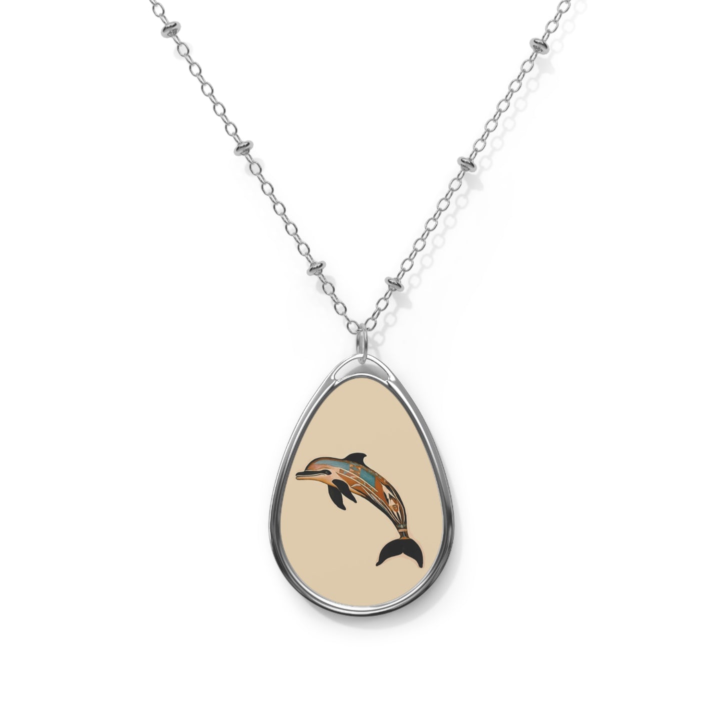 Native American Tribal Dolphin Surfers Pendant Oval Necklace