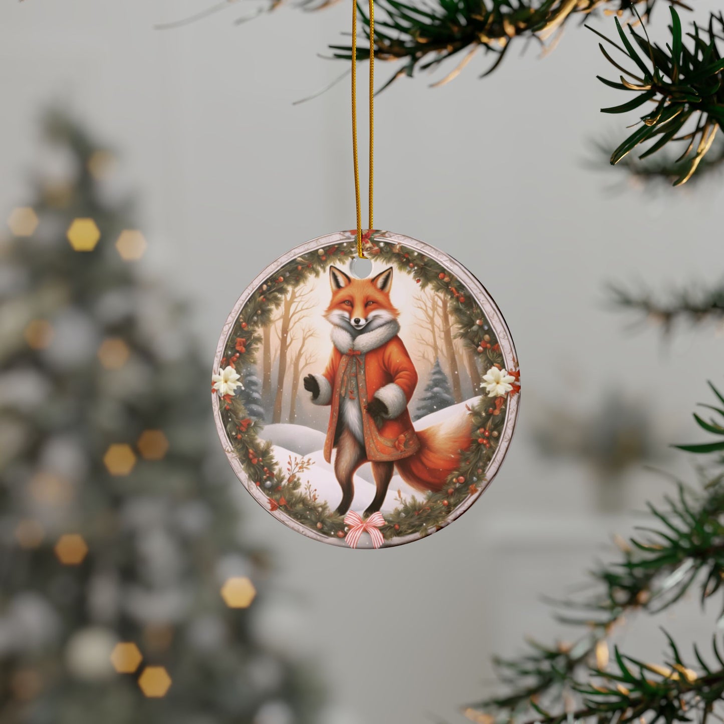 Holiday Whimsical Fox Ceramic Christmas Tree Ornaments, 2-Side Print, (1pc, 3pcs, 5pcs, 10pcs)