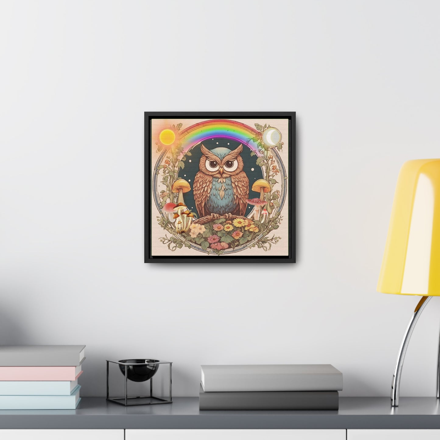 Vintage Blue Owl and Mushroom Gallery Canvas Wraps, Square Frame