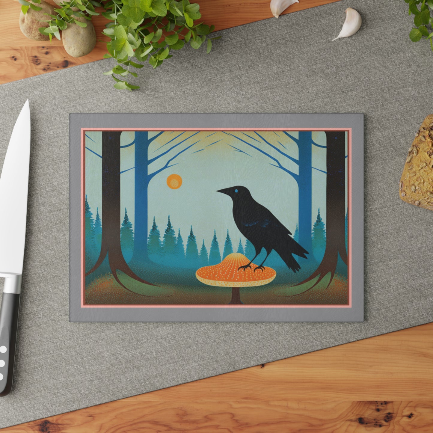 Vintage Crow and Mushroom Glass Cutting Board