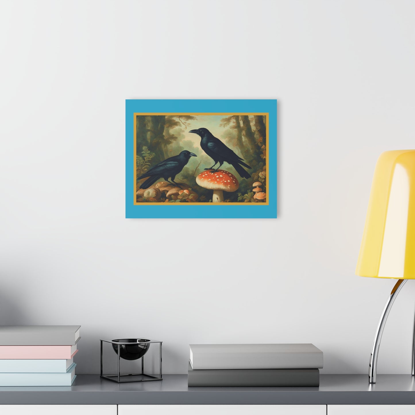 Vintage Crow and Mushroom Cottage Woods Acrylic Prints (French Cleat Hanging)