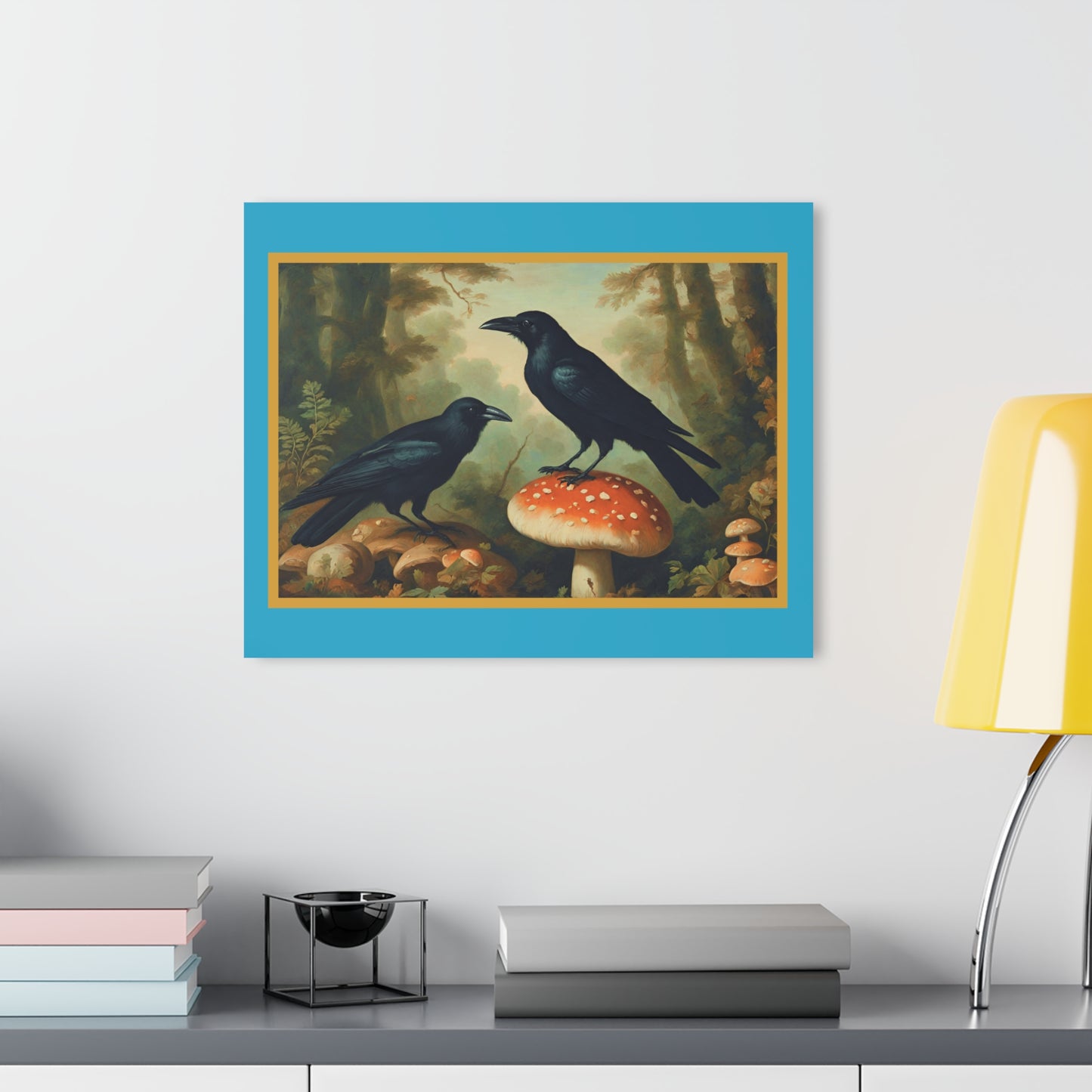 Vintage Crow and Mushroom Cottage Woods Acrylic Prints (French Cleat Hanging)