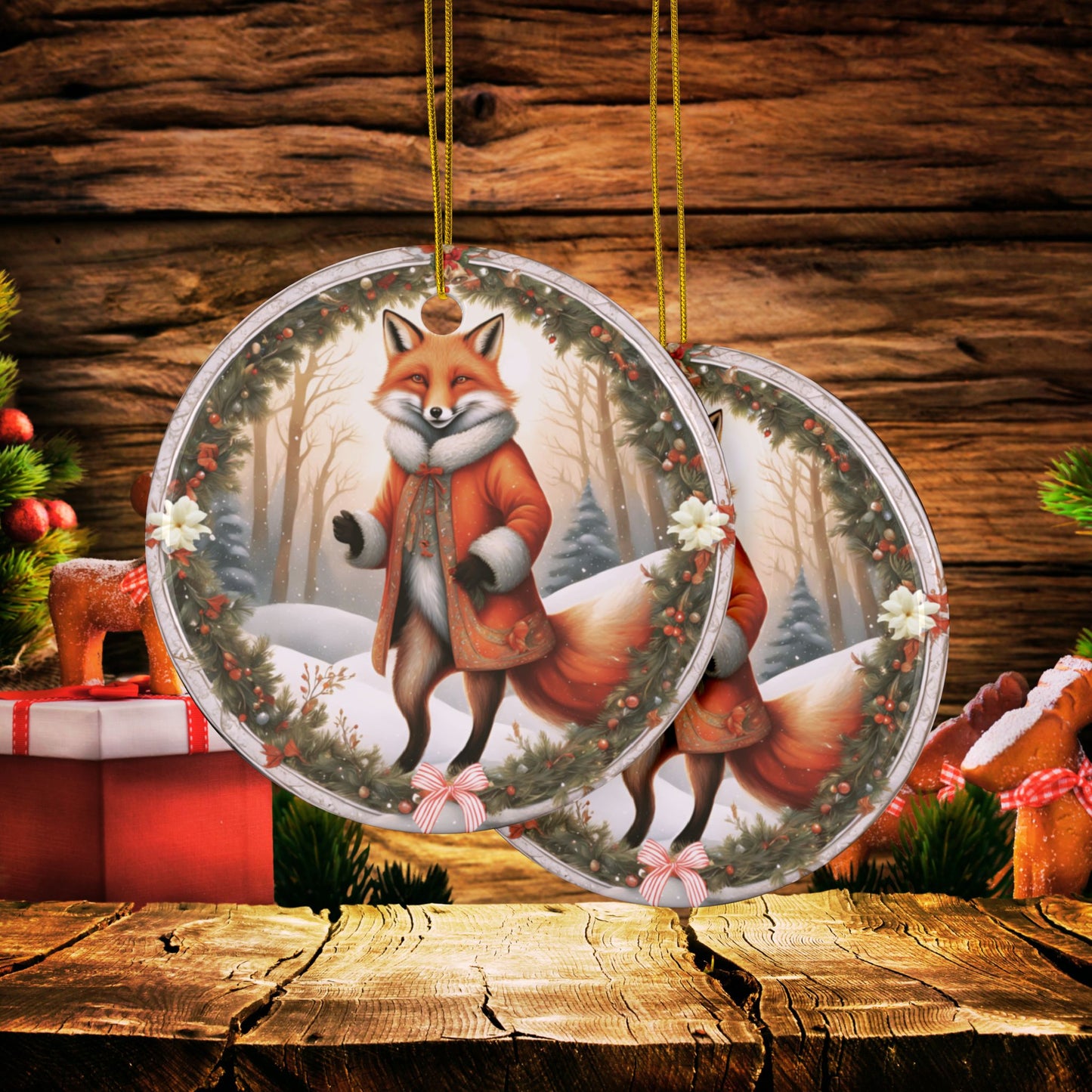 Holiday Whimsical Fox Ceramic Christmas Tree Ornaments, 2-Side Print, (1pc, 3pcs, 5pcs, 10pcs)